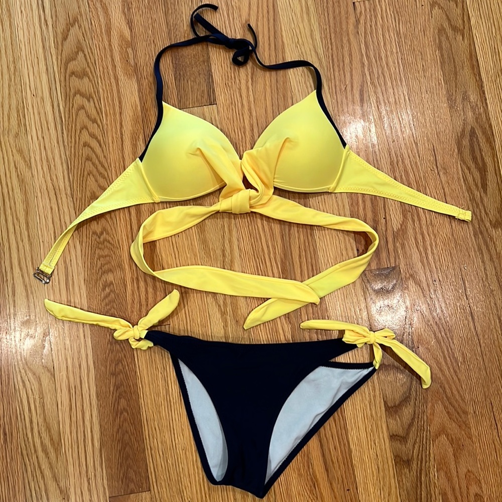 Neon yellow and navy blue swim suit
